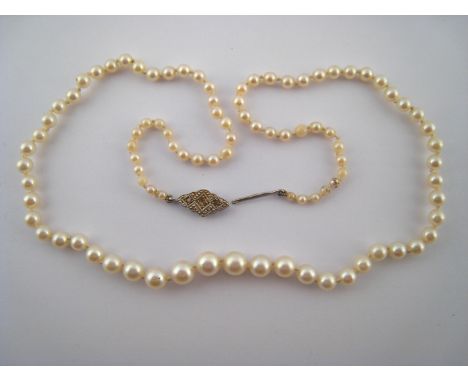 A graduated cultured pearl necklace, pearls graduated between approx 6.2 -2.8mm, necklace approx 43cm long, with diamond set 