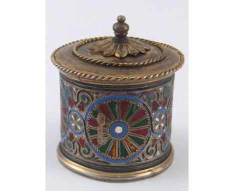 A Russian silver gilt cloisonné enamel napkin ring by Ivan Khlebnikov, Moscow 1888, skilfully converted to a lidded box. 5x6c