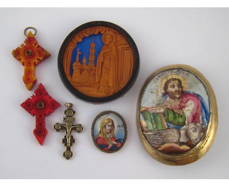A mixed lot of Russian items, being an enamel icon of St. Luke in silver gilt mount with threaded mounting studs, Moscow, 179