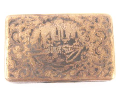 A Russian silver niello snuff box, the lid and base with church buildings scenes, 8x5cm., Moscow 1854. 