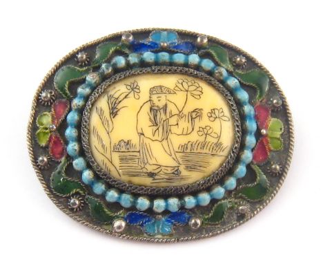 A Chinese silver and enamel brooch, approx 4 x 3.5 cm.