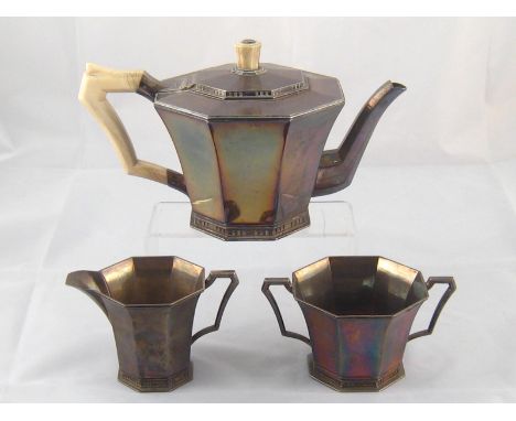 Central School of Arts and Crafts. A silver three piece teaset in Art Deco style with ivory handle and finial, by The Central