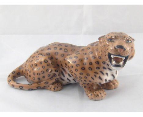 Royal Copenhagen. A ceramic leopard crouching and baring its teeth. Model/ artist numbers  1343, 163. length 27cm. 