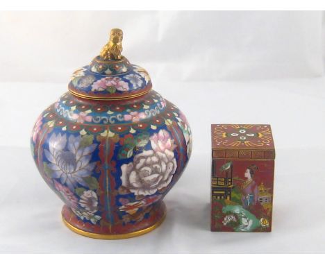 A cloisonne enamelled lobed vase , the lid with temple dog finial, ht.16cm., together with a cloisonne enamelled square box, 