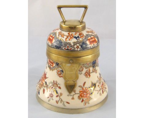 A ceramic Copeland bell shaped caddy with brass mounts, the lid with button catch, Victorian registration mark and "Copeland 