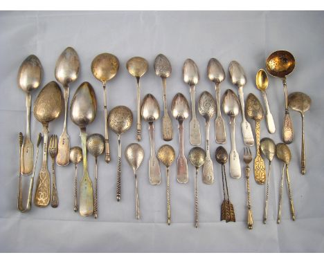 A quantity of Russian silver flatware, including a set of six large fiddle pattern teaspoons, St Petersburg 1848, eight vario