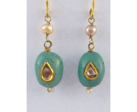 A pair of diamond set, matrix turquoise and freshwater pearl earrings, turquoise approx 13mm, drop approx 3.5cm.
