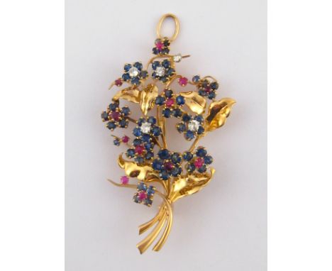 Mauboussin . A fine 18 carat gold, ruby, diamond and sapphire floral spray brooch with pendant fitting by Mauboussin, signed 