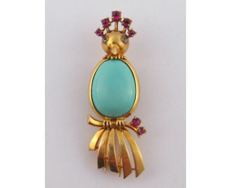 Chaumet . A French hallmarked 18 carat gold, turquoise and ruby bird brooch, with emerald eyes, signed Chaumet and with “JC” 