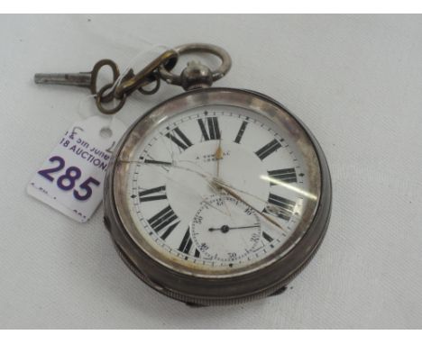 A Contintental silver key wound pocket watch by Yewdail Leeds having Roman numeral dial with subsidiary seconds in an engine 