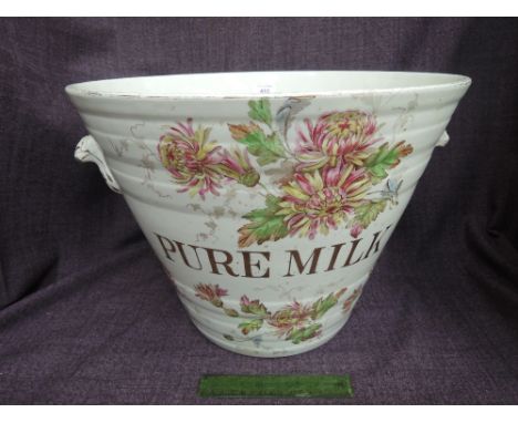 A 19th century pottery milk pail having flower transfer print Florentine decorationGilt worn, crazed but otherwise appaers ok