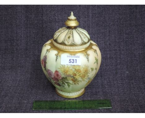 A Royal Worcester lidded jar having gilt heightened floral decoration on blush ivory ground, numbered 1312, circa 1896