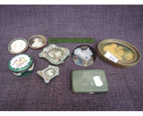 A selection of miscellaneous including Shagreen case, micro mosaic picture frames, enamel portrait, enamel pill box etc