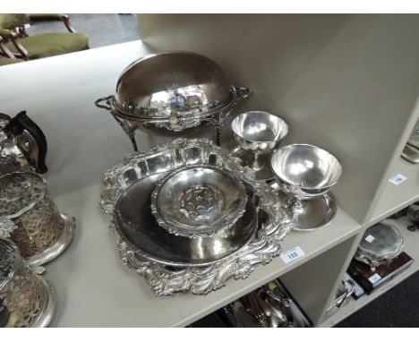 A small selection of silver plated table ware including two tureens with Kings Own Regiment interest, a butter press, two gra