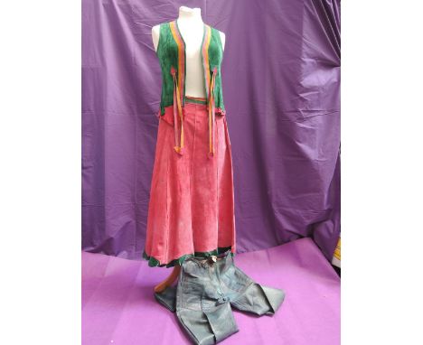 A pair of lady's vintage blue leather patch trousers by Miura, size S and a 1970's two piece suede patch skirt suit by Miura 