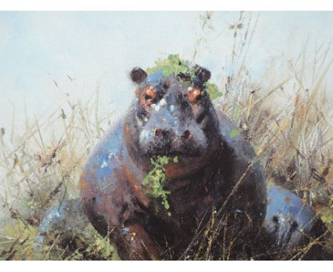 A Limited Edition print after David Shepherd, Happy Hippo, signed, 8in x 6.5in and a Limited Edition print, Cotswold village,