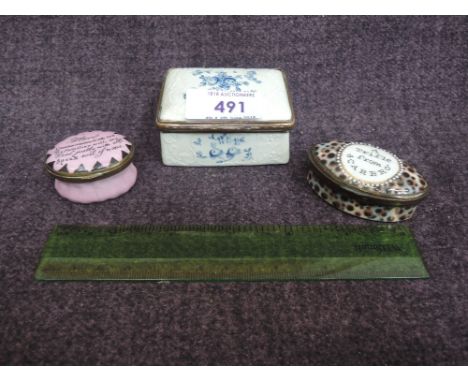 A ceramic box having blue and white floral decoration, a 19th century patch box, a Trifle from Scarbro! and a 19th century pa