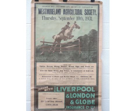 A vintage show poster for Westmorland Agricultural Society, Thursday September 10th 1931 for Cattle, Horses, Sheep, Butter, B