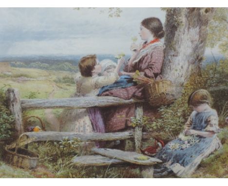 A print after Birket Foster, The Rustic Stile, 10in x 14in, a print, Dutch girl 10in x 7in and a print young girl with posies