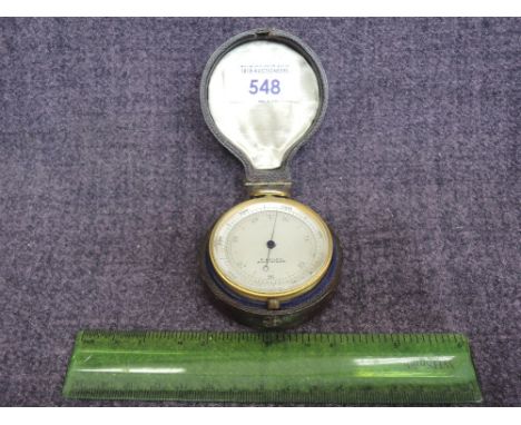 A late Victorian brass cased pocket barometer by R Bailey, Birmingham, in fitted case