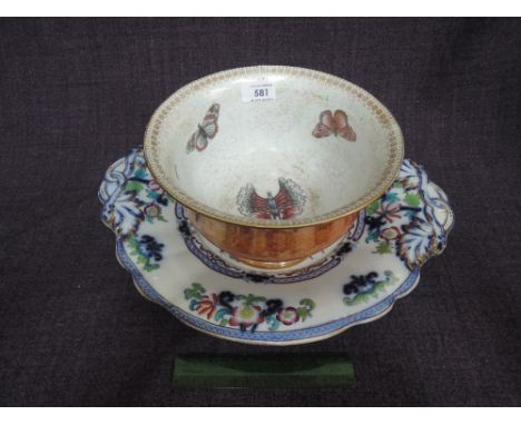 A W&R Carltonware dish of orange lustre design having butterfly decoration and a Victorian stoneware shallow dish