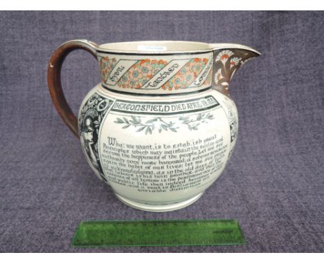 A Victorian pottery jug having transfer print decoration commemorating Beaconsfield