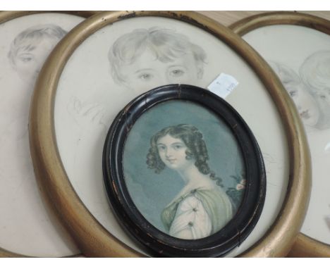 Three oval prints, 19th century, portrait studies, one dated 1813, each 9in x 6in and a miniature print, portrait study, 4in 