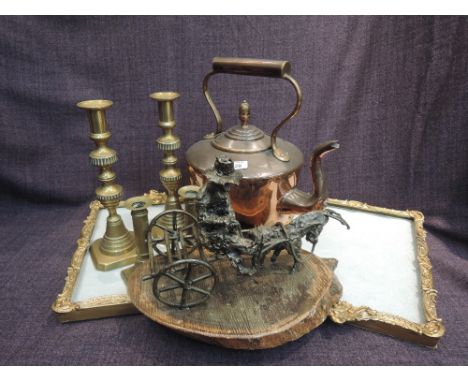 A selection of miscellaneous including pair of photograph frames, two pairs 19th century brass candlesticks, a vintage copper