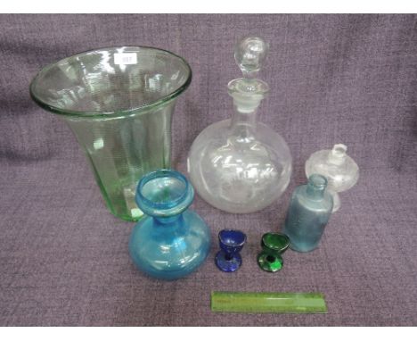 A vintage glass decanter etched for Carlowitz, a ribbed green vase, an etched glass perfume bottle, and eye glasses etc