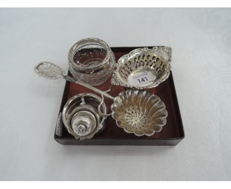 A small selection of HM silver and white metal including pepperette, mustard, trinket dish, sugar sifting spoon etc