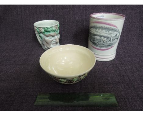 A late 18th century Sunderland lustre pottery frog mug having typical design of four with a transfer print for River Wear Bri