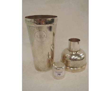 A Chinese silver cocktail shaker (3 part) monogrammed SBA (Shanghai Badminton Assosiation) having a 1934 presentation inscrip