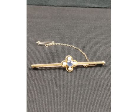 15ct gold blue stone and pearl set bar brooch . 