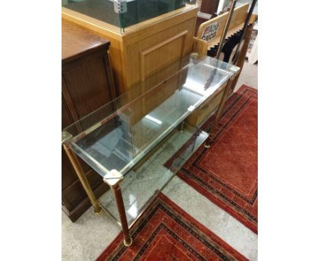 Large vintage 2 tier console table with glass inserts. 