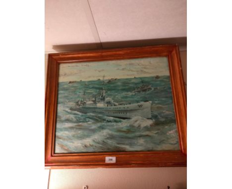 Oil painting of Navy destroyers signed K H Lockett . 