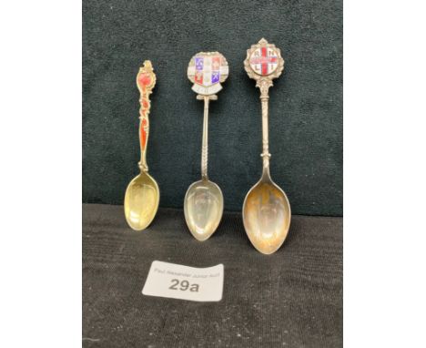 Norweigan enamel silver spoon , together with 2 silver hall marked novelty spoons . 