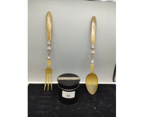 Pair of Scottish horn fork and porridge spoon with white metal binding together with white metal topped ebony preserve dish.