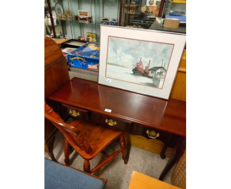 Reproduction console 3 drawer table with pine chair . 