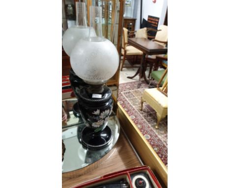 Fantastic Victorian Hand Painted Oil Lamp in Stunning Black Glass With Etched Shade And glass funnel . 