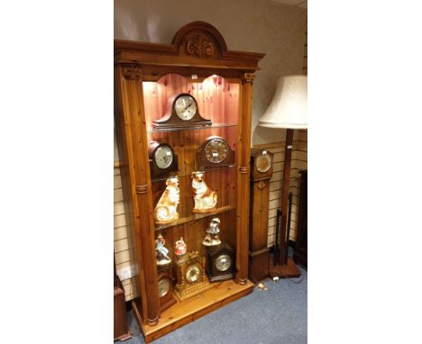 Large Stunning  pine display cabinet  with glass shelves Corinthian Columns  and prince of Wales style carved top  with integ