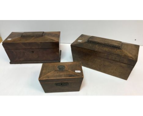 A 19th Century mahogany and satinwood strung two section tea caddy of sarcophagus form, 19.5 cm wide x 11.5 cm deep x 12 cm h