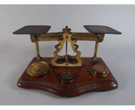 A Set of Postage Scales and Weights on Wooden Plinth. 19cm Wide. 