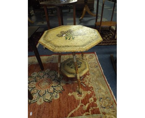 A Small Painted Octagonal Top Occasional Table on Three Legs with Painted Stretcher Shelf  