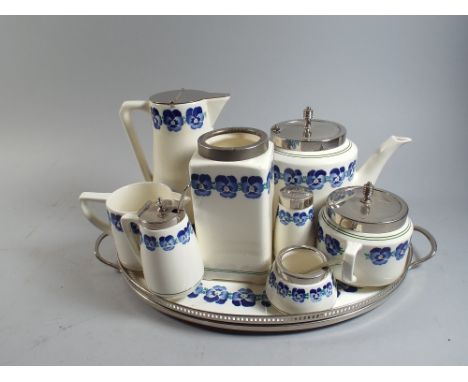 A Silver Plate Mounted Tea Service with Oval Gallery Tray 