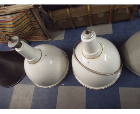 Two White Industrial Enamelled Lamp Shades 