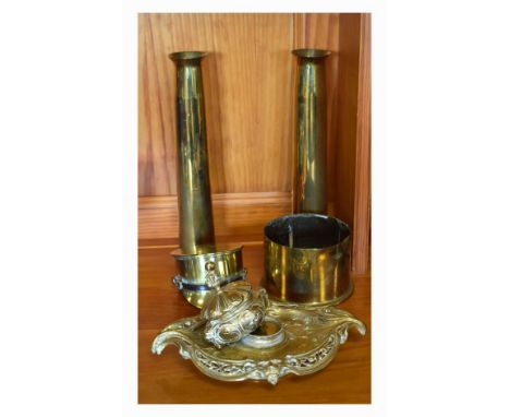 World War I era trench art novelty cap formed from a shell case, stamped 18pr 1916, together with a shell case bottle coaster