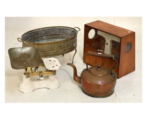 Assorted metal work etc to include; copper kettle, brass planter, chemical balance and grocers scales (4)   Condition: 