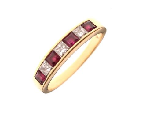 18ct gold, diamond and ruby seven stone ring set three square-cut diamonds and four matching rubies, 4g gross approx, size O 