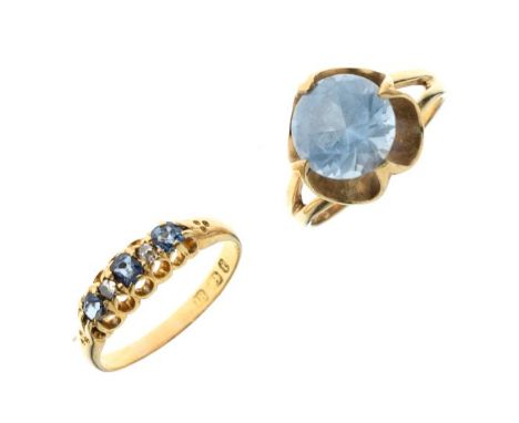 18ct gold, sapphire and diamond five stone ring, 2.6g gross approx, size P, together with a yellow metal ring set aquamarine-