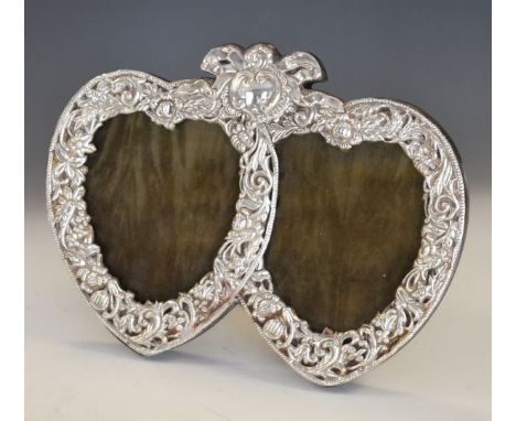 Embossed white metal double heart design easel picture frame, stamped Sterling   Condition: 
